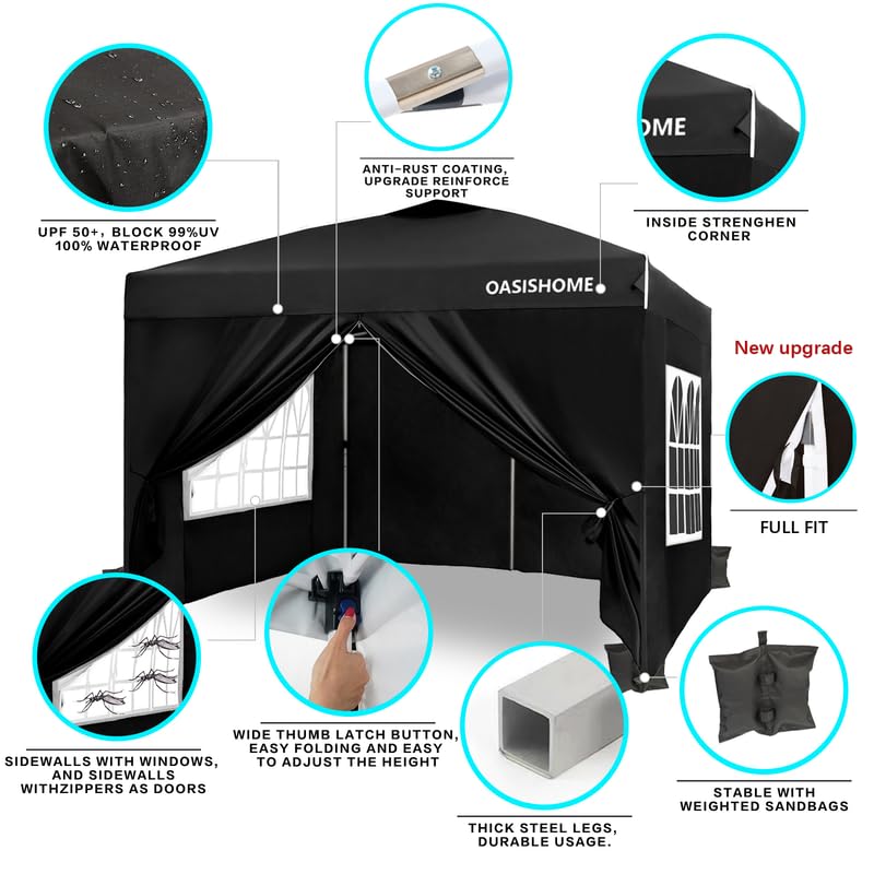 OASISHOME Pop-up Gazebo Instant Portable Canopy Tent 10'x10', with 4 Sidewalls, Windows, Wheeled Bag, for Patio/Outdoor/Wedding Parties and Events (10FTx10FT, Black) - color: Black