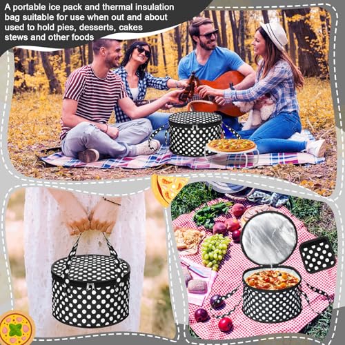 Pickmesh Round Pie Carrier 12 x 7 Inch Insulated Casserole Carriers with Lid and Detachable Handle for Hot or Cold Food Cake Transport Thanksgiving Christmas Gift(Black White Polka Dots) - color: Black White Polka Dots