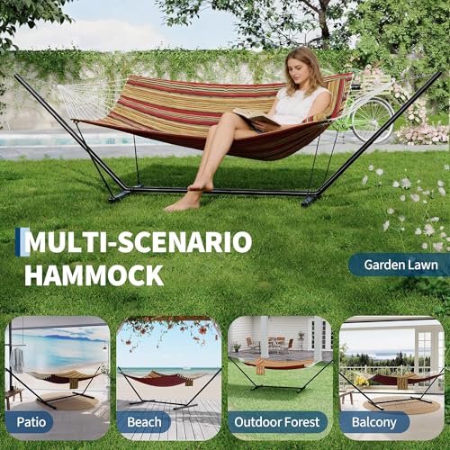 2 Person Double Hammock with Stand & Pillow, 450 LBS Heavy Duty Outdoor Hammock with Balance Rope for Patio Backyard Poolside