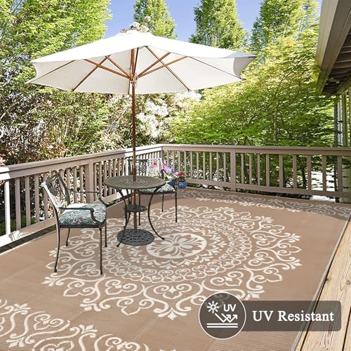 Pauwer Waterproof Outdoor Rug 6x9, Reversible Plastic Straw Patio Camping Rug, Indoor Outdoor RV Mat Carpet for Deck, Camper, Porch, Balcony, Backyard, Picnic, Floral Brown - color: Floral Brown, size: 6' x 9' (Rectangular)