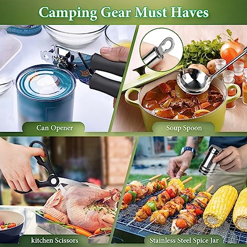 Camping Cooking Utensils Set, Stainless Steel Grill Tools, Camping BBQ Cookware Gear and Equipment for Travel Tenting RV Van Picnic Portable Kitchen Essentials Accessories - color: Green-13 PCS