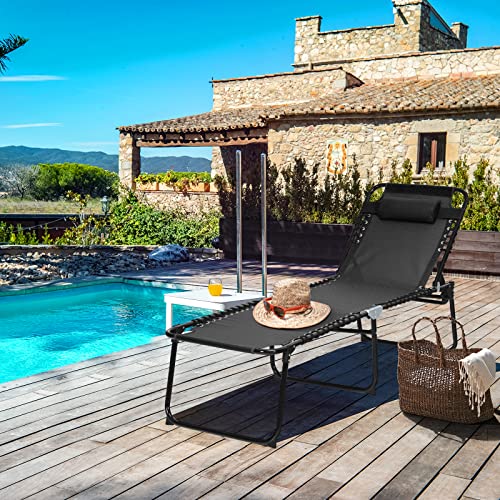 GYMAX Lounge Chairs for Outside, Extra High Folding Beach Tanning Lounger with 4-Level Adjustable Backrest, 2-Level Footrest & Removable Pillow, Sunbathing Lounge for Patio, Lawn, Poolside (1, Black) - color: Black