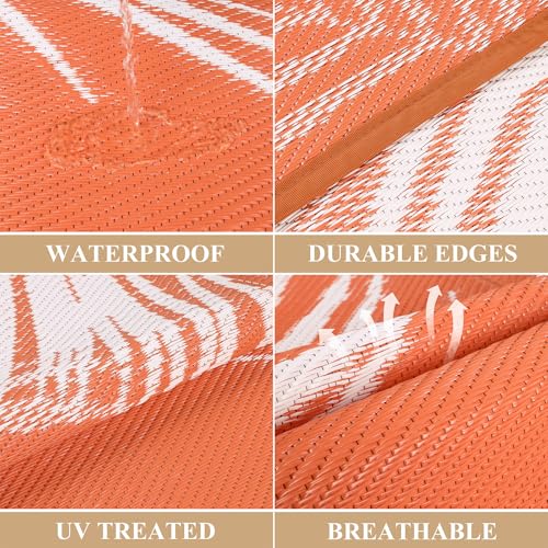 Pauwer Waterproof Outdoor Rug 6x9, Reversible Plastic Straw Patio Camping Rug, Indoor Outdoor RV Mat Carpet for Deck, Camper, Porch, Balcony, Backyard, Picnic, Leaf Orange - color: Leaf Orange, size: 6' x 9' (Rectangular)