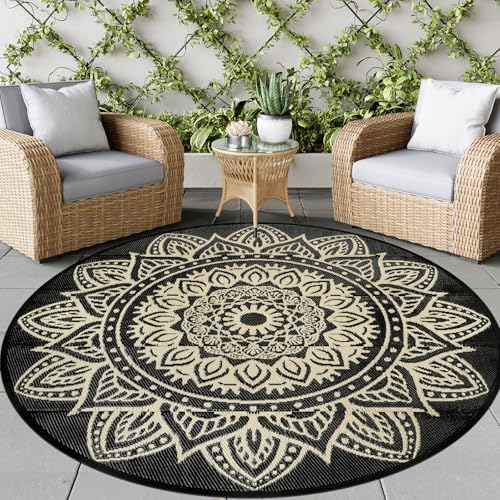 famibay 6 Ft Round Outdoor Rug, Boho Round Patio Rug Waterproof, Outdoor Plastic Straw Rug Camping Rug RV Rugs for Outside Lightweight Portable Reversible Outdoor Carpet for Patio Backyard Porch - color: Black Camel, size: Round 6ft