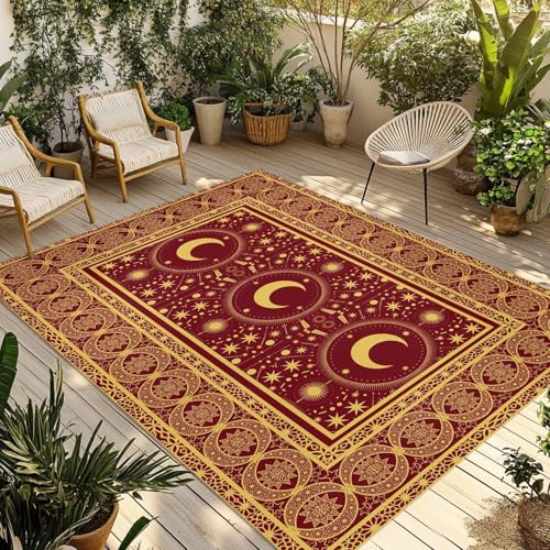 Outdoor Rug, Vintage Yellow Moon Star Indoor Area Rug Outdoor Carpet RV Camping Rugs 6x9ft Boho Traditional Style Outside Mat for Patio Picnic Porch Deck Balcony Backyard - size: 6' x 9' (Rectangular)