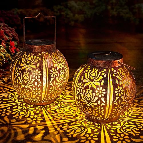 Solar Lanterns Outdoor Waterproof 2 Pack, Hanging Solar Lights for Outside Garden Decor, Decorative Moroccan Lanterns Garden Gifts for Women Mom, Yard, Patio, Porch Decorations - color: 2 Pack Flower Lights