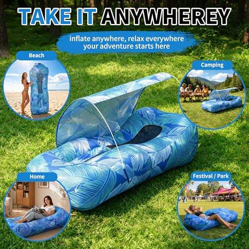 Inflatable Couch,Air Sofa with Sun-Shade Design,Built-in Storage,Ripstop Polyester&Stability Pegs,Portable Air Lounger for Beach,Camping,Easy to Carry,2Inflation Ways(Included Pump)Blue Feather - color: Blue Feather