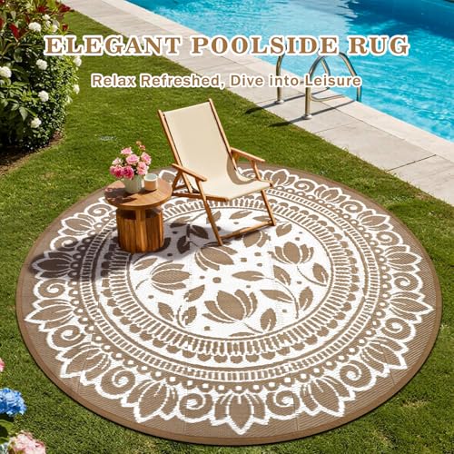 6ft Round Waterproof Outdoor Patio Rug, Reversible Plastic Straw Rug, Classic Floral Pattern Picnic Mat for RV Camping, Backyard, Deck, Porch & Garden, Light Taupe - color: Light Taupe, size: 6' (Round)