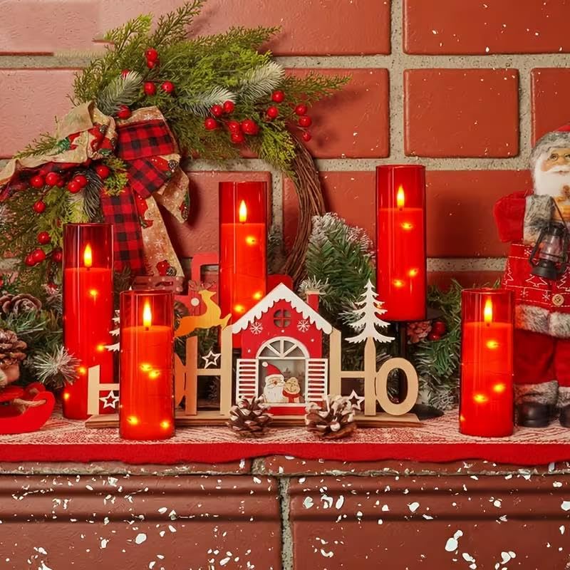 Enido 10 Pc Flameless LED Candles with Remote & Timer, Battery Operated Acrylic Pillar Set, Flickering Electric Lights with Embedded Star String for Cozy Home & Holiday Romantic Decor (Matte Red) - color: Red