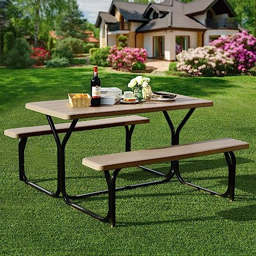 Giantex Picnic Table Bench Set Outdoor Camping All Weather Metal Base Wood-Like Texture Backyard Poolside Dining Party Garden Patio Lawn Deck Furniture Large Camping Picnic Tables for Adult - color: Coral Reef, size: 4.5FT