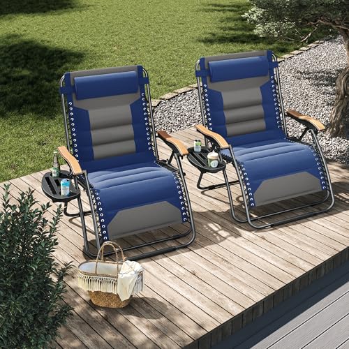 PHI VILLA XXL Oversized Padded Zero Gravity Chair Set of 2, Foldable Patio Recliner, 30" Wide Seat Anti Gravity Lounger with Armrest and Cup Holder, Support 400 LBS (Thumb Blue) - color: Blue, style: 2 Pcs