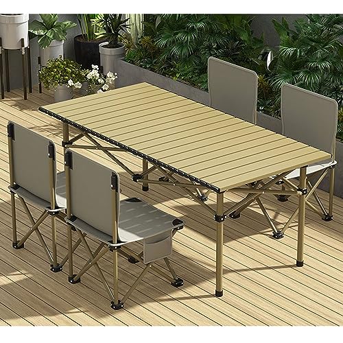 RUANLOV Folding Dining Table Set, Picnic Table Portable with Carry Bag, Folding Camping Table, Roll up Aluminum Table for Outdoor Beach Tailgating (B 120cm with 4 Chairs) - color: B