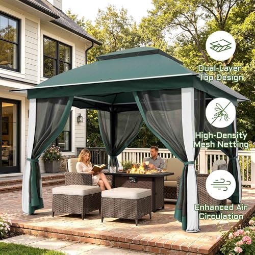 11'X11' Gazebo Pop Up with 4 Sidewalls Mosquito Netting, Heavy Duty Patio Gazebo Canopy Tent with Double Air Roofs for Backyards, Patios, Decks, Gardens, Parks - color: Green Top