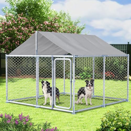 7.5ft×7.5ft Large Metal Dogs Kennels Outdoor,Waterproof Anti-Ultraviolet roof Cover Galvanized Steel Cage Fence Playpen with Lockable Door (90" D×90" W×63" H) - size: 90"D×90"W×63"H