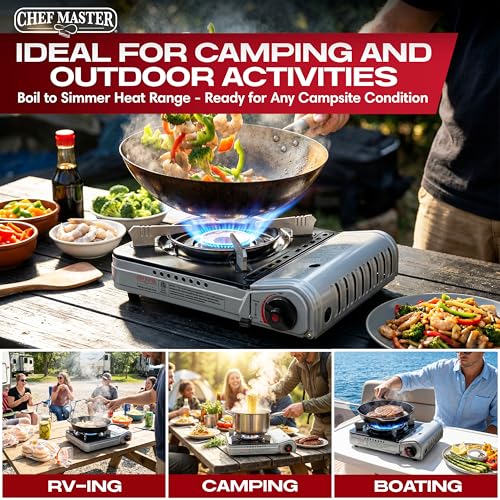 Chef Master 12,000 BTU Portable Butane Stove - Gas Burner for Camping & Outdoor Cooking - Countertop Cooktop with Carry Case, Wind Guard & Electronic Ignition - Portable Cooker & Burner Stove – 90235 - size: Stove Only
