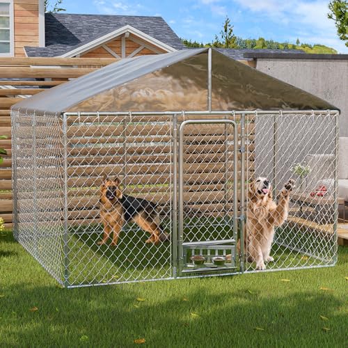 10ft×10ft Outdoor Large Dogs Kennels Enclosure - Outside Dog Cage with Waterproof roof Cover, Galvanized Steel Dogs House Fence Playpen with Rotating Feeders for Patio Backyard Farm Gardens - size: 118.0"L x 118.0"W x 83.0"H