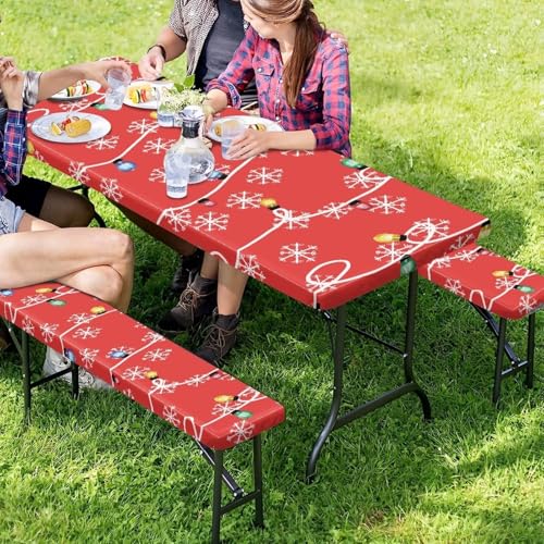 Christmas Colored Lights Snowflake Picnic Table Cover with Bench Covers 3 PCS for Outdoor Camping Rectangle Table Cloth for Picnic Camping Outdoor - color: Christmas Colored Lights Snowflake, size: Small