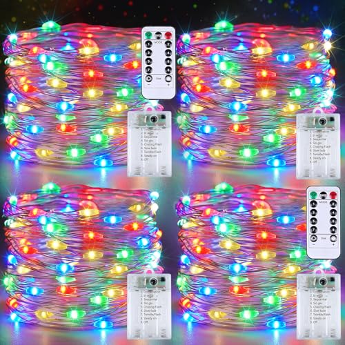 4 Pack Fairy Lights Battery Operated with Remote Control Timer, 26 FT 80 LED String Lights Outdoor Indoor, 8 Mode Twinkle Lights for Christmas Party Wedding Birthday Bedroom Decorations (Multicolor) - color: Multicolor, size: 4 Pack 80led