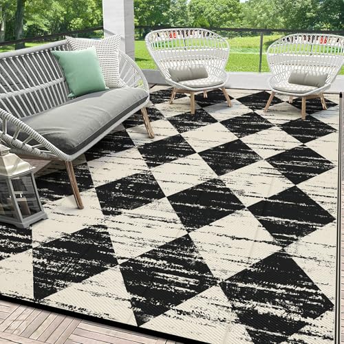 HEBE Checkered Outdoor Rug Waterproof 5x8, Reversible Plastic Straw Rug RV Camping Rug, Indoor Outdoor Patio Mat Clearance, Outside Carpet for Porch,Deck,Camper,Balcony,Backyard,Picnic - color: Beige/Black, size: 5' x 8' (Rectangular)