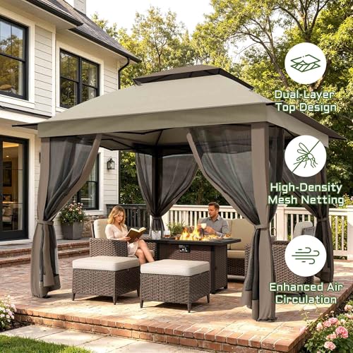 11'X11' Gazebo Pop Up with 4 Sidewalls Mosquito Netting, Heavy Duty Patio Gazebo Canopy Tent with Double Air Roofs for Backyards, Patios, Decks, Gardens, Parks - color: Beige Top