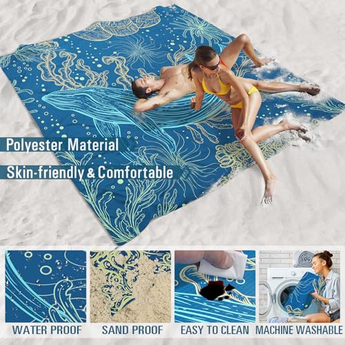 Famstar Beach Blanket Sandproof Waterproof 78''81'' 1-5 Adults Oversized, Compact Lightweight Durable 210T Polyester Beach Mat for Travel Camping Hiking Picnic - color: Blue Whale, size: 78''×81''