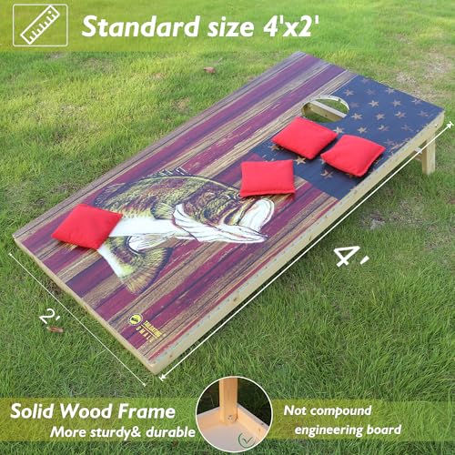 LED Cornhole Board Set 4FTx2FT Solid Wood Regulation Size Cornhole Set with LED Lights Includes 8 Cornhole Bags for Adults (USA Flag & Fish, 4'x2')