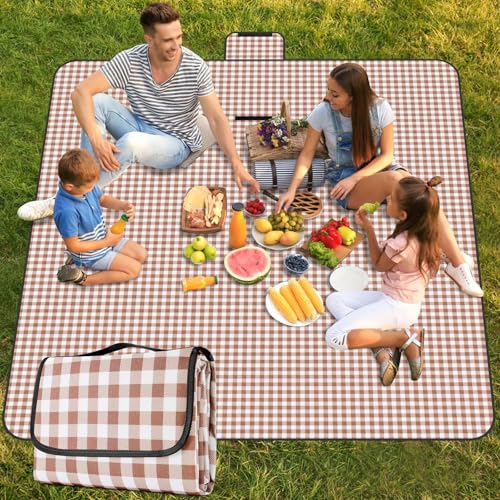 Picnic Blanket Waterproof Beach Rug 80''x118'' Picnic Mat Washable Lightweight with Handle Coffee Checkered for Hiking Travelling Outdoor Camping,Parks - color: Coffee, size: 6'7" x 9'10" (Rectangular)