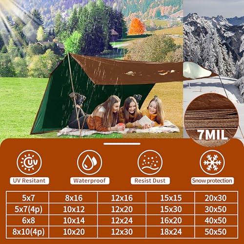 Tarp 18x24 ft 100% Waterproof 7mil Durable Grommets and Reinforced Edges,Uv Resistant,Green/Brown Tarp,Emergency Rain Shelter,Outdoor Cover and Camping Use -by MVPNET - size: 18x24
