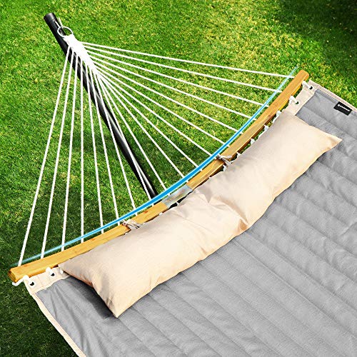 SONGMICS Hammock, Quilted Hammock with Curved Bamboo Spreaders, Pillow, 78.7 x 55.1 Inches, Portable Padded Hammock Holds up to 495 lb, Gray and Beige UGDC34CG - color: Gray + Beige