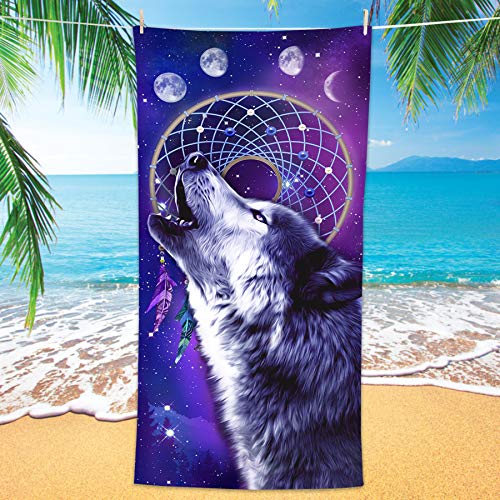 Bonsai Tree Wolf Beach Towel, Cool Dream Catcher Microfiber Bath Towel Gifts for Boys Kids, Funny Blue Purple Galaxy Space Animals Sand Free Quick Dry Travel Towels for Mens Pool Sports 30" x 60" - color: Wolf 1, size: 30"x60"