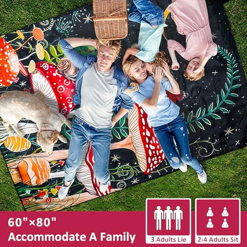 Mushroom Picnic Blankets Waterproof Foldable Picnic Outdoor Blanket 80"x 60" Picnic Mat 3-Layer Thicking Outdoor Foldable Blankets Sandproof Lightweight Beach Blankets with Strap Machine Washable - color: Mushroom, size: 60*80in