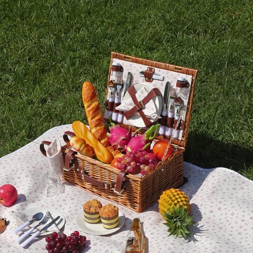 Picnic Baskets Wicker Willow Picnic Set for 4 Persons with Insulated Cooler Bag and White Floral Waterproof Picnic Blanket Gift for Christmas Thanksgiving Wedding Birthday Camp Outdoor Beach Travel - color: Classic Flower
