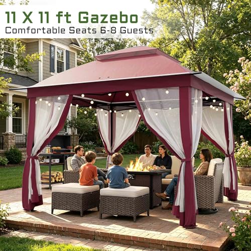 11'X11' Gazebo Pop Up with 4 Sidewalls Mosquito Netting, Heavy Duty Patio Gazebo Canopy Tent with Double Air Roofs for Backyards, Patios, Decks, Gardens, Parks - color: Pink Top