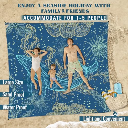Famstar Beach Blanket Sandproof Waterproof 78''×81''1-5Adults Oversized,Compact Lightweight Durable Beach Mat for Travel Camping Hiking Picnic Blanket - color: Whale Line, size: 78''×81''