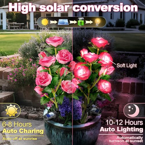 Anordsem Solar Garden Lights Outdoor: 20 Waterproof Fabric Roses 4 Pack - Pink LED Flower Decorations for Yard Patio Path Cemetery Grave - Birthday Gifts for Women Mom Wife - color: Pink, size: 4 Pack
