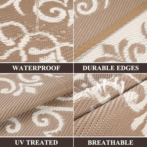 Pauwer Waterproof Outdoor Rug 6x9, Reversible Plastic Straw Patio Camping Rug, Indoor Outdoor RV Mat Carpet for Deck, Camper, Porch, Balcony, Backyard, Picnic, Floral Brown - color: Floral Brown, size: 6' x 9' (Rectangular)