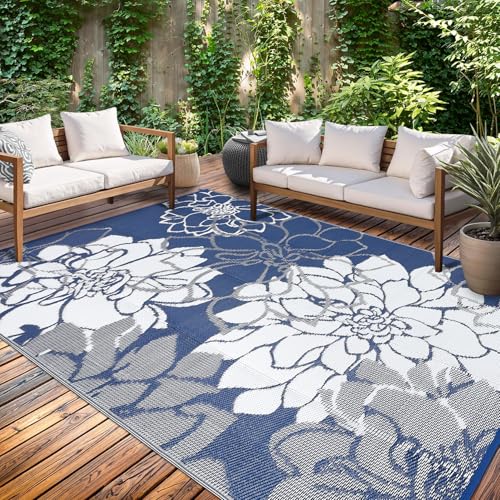GarveeHome Outdoor Rug Waterproof 9x18 Reversible Mat Floral Camping Rugs Indoor Outdoor Rugs Botanical Carpet Large Area Rug Plastic Straw Rug for Patio Deck Balcony Pool RV Camping, Navy - color: Floral|navy&white, size: 9' x 18' (Rectangular)