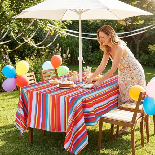 SquarePie Outdoor Tablecloth with Umbrella Hole and Zipper Rectangle Waterproof Spillproof Table Cloth for Spring Summer Picnic Patio Garden Poolside Camping, 60x84 inch Color Stripe - color: Color Stripe, size: 84" x 60" (Rectangular)