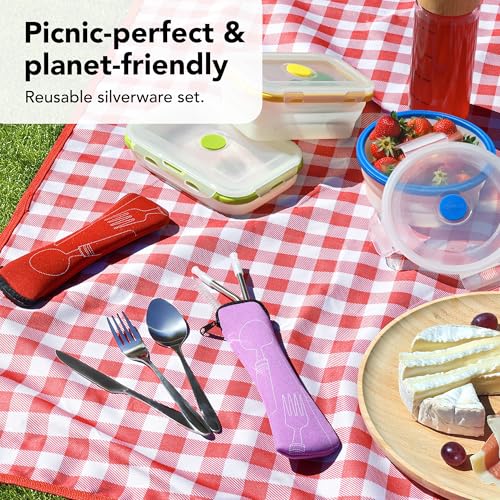 Travel Utensils Set with Case 4 Pack, Reusable Stainless Steel Portable Cutlery (Fork, Spoon, Knife, Straws & Cleaner) for Work, Dorm, Camping, Lunch Box, Compact Durable Silverware by Ecoberi - color: Turq