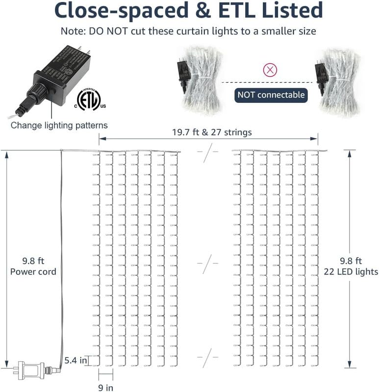 Lighting EVER 594 LED Curtain Lights, 20 x 10 ft Plug in Hanging Fairy String Lights, Wedding Party Backdrop Lights, Twinkle Lights for Wall, Patio, NOT Connectable (XL Size, 27 Strings, 9" Apart) - color: Warm White, size: 19.7 ft