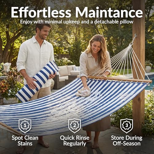 Sunnydaze Quilted Double Hammock for Outside with Spreader Bars and Pillow - 450 lb Capacity, 74x55 Inch Bed, UV Resistant, Quick Dry - Chains Included, Stand Sold Separately - Blue & White Stripe - color: Blue/White Stripe