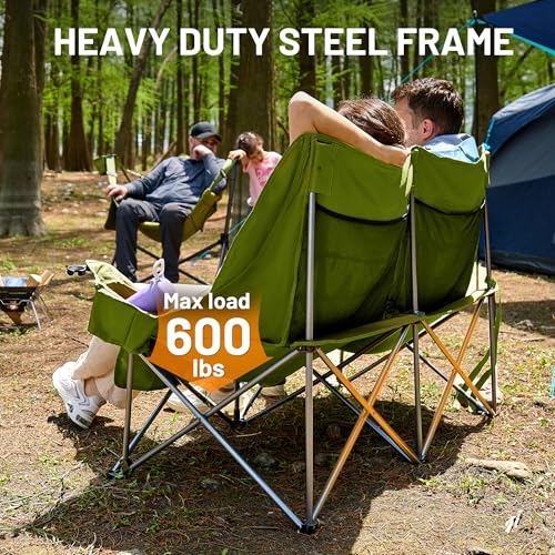 Timber Ridge Double Camping Chair, Heavy Duty Outdoor Folding Camp Couch, Loveseat Camping Chairs Perfect for Campsites, Patio/Lawn, Soccer Games or Other Youth Sports, Supports 600 lbs - color: Loveseat Green