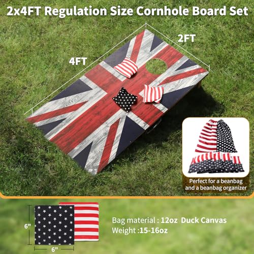 Cornhole Set, Corn Holes Outdoor Game, Regulation 2X4 Cornhole Boards, Portable Cornhole Set, Classic American Flag Cornhole Set Includes 2 Boards, 8 Cornhole Beans Bags & Carry Case - color: 4x2FT Union Flag Board Cornhole Set