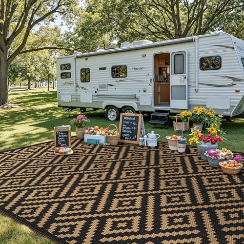 sarben Outdoor Rug for Patio - Waterproof Plastic Straw Camping Rugs 10x20 ft, Reversible Outdoor Indoor RV Mat Carpet for Patio, Porch, Deck, Balcony, Picnic, Beach, Black Brown - color: Black&brown, size: 10' x 20' (Rectangular)