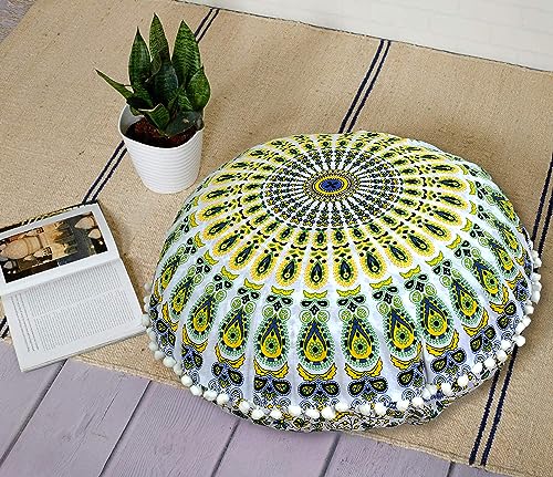 Indian Consigners Floor Cushion Covers 22" Round Mandala Ombre Zipped Ottoman Cover, Boho Puff Cover Pouffe - color: Yellow-green-blue