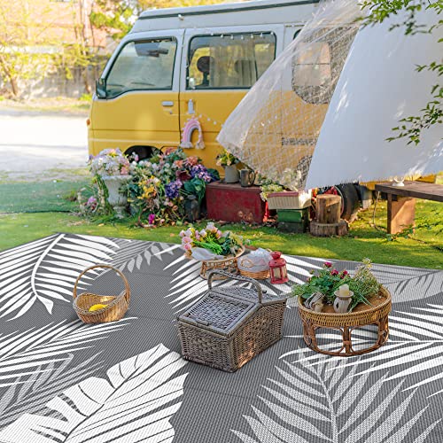 GENIMO Outdoor Rug 9' x 18' Waterproof for Patios Clearance, Reversible, Plastic Straw Camping Rug Carpet, Large Area Rugs Mats for RV, Picnic, Backyard, Deck, Balcony, Porch, Beach, Grey&White - color: Grey & White | Waterproof, size: 9' x 18' (Rectangul