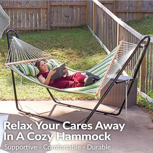 Sunnydaze Quilted Double Hammock for Outside with Spreader Bars and Pillow - 450 lb Capacity, 74x55 Inch Bed, UV Resistant, Quick Dry - Chains Included, Stand Sold Separately - Melon Stripe - color: Melon Stripe