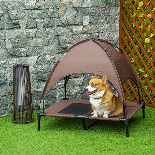 PawHut Elevated Dog Bed with Removable Canopy, Outdoor Dog Cot with UV Protection Canopy Shade, 36 inch Large Pet Bed for Camping, Coffee - color: Coffee, size: 36 inch