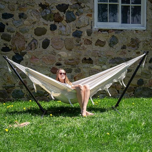 Vivere Double Cotton Hammock with Space Saving Steel Stand, Upgraded Polyester End Strings 450 lb Capacity - Premium Carry Bag Included - USA Grown Cotton (Natural) - color: Natural