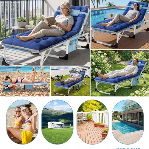 ABORON 4-in-1 Lounge Chair with Face & Arm Holes for Tanning, 440LB Heavy-Duty Folding Recliner with Plush Cotton Cushion, No Assembly Tri-Fold Guest Bed for Sunbathing, Poolside, Office Nap & Camping - color: Arctic Blue With Pad